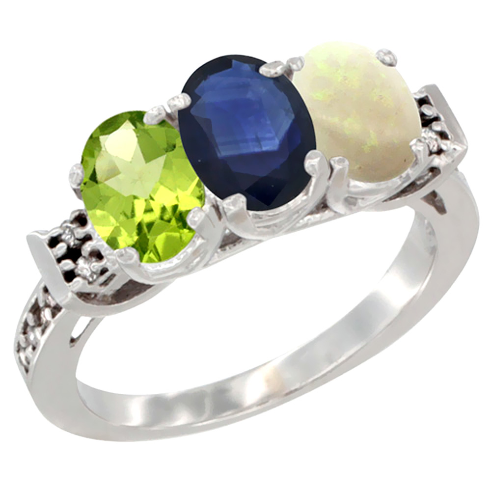 14K White Gold Natural Peridot, Blue Sapphire & Opal Ring 3-Stone Oval 7x5 mm Diamond Accent, sizes 5 - 10