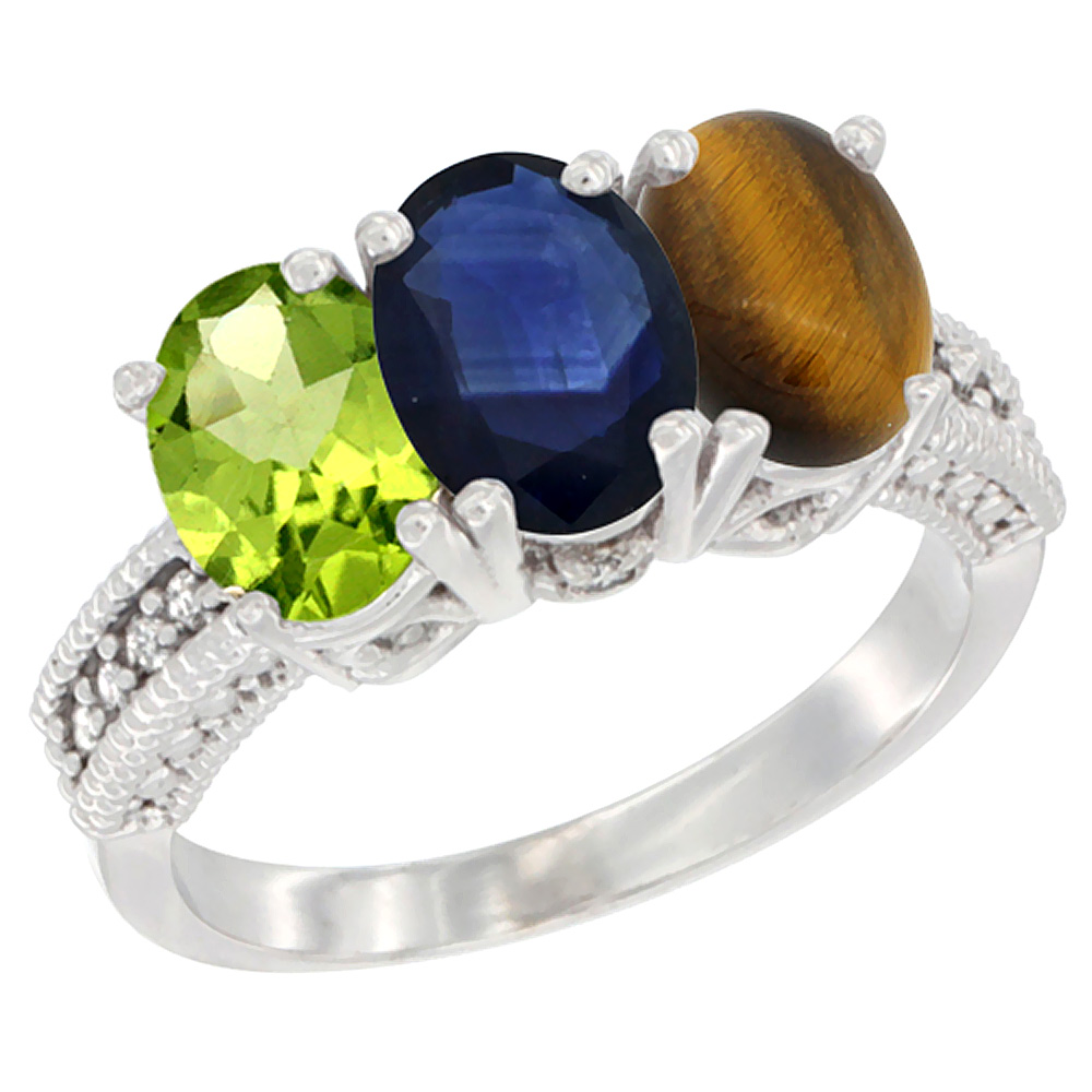 14K White Gold Natural Peridot, Blue Sapphire & Tiger Eye Ring 3-Stone Oval 7x5 mm Diamond Accent, sizes 5 - 10