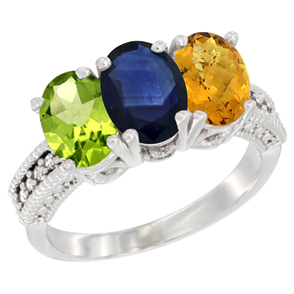 10K White Gold Natural Peridot, Blue Sapphire & Whisky Quartz Ring 3-Stone Oval 7x5 mm Diamond Accent, sizes 5 - 10