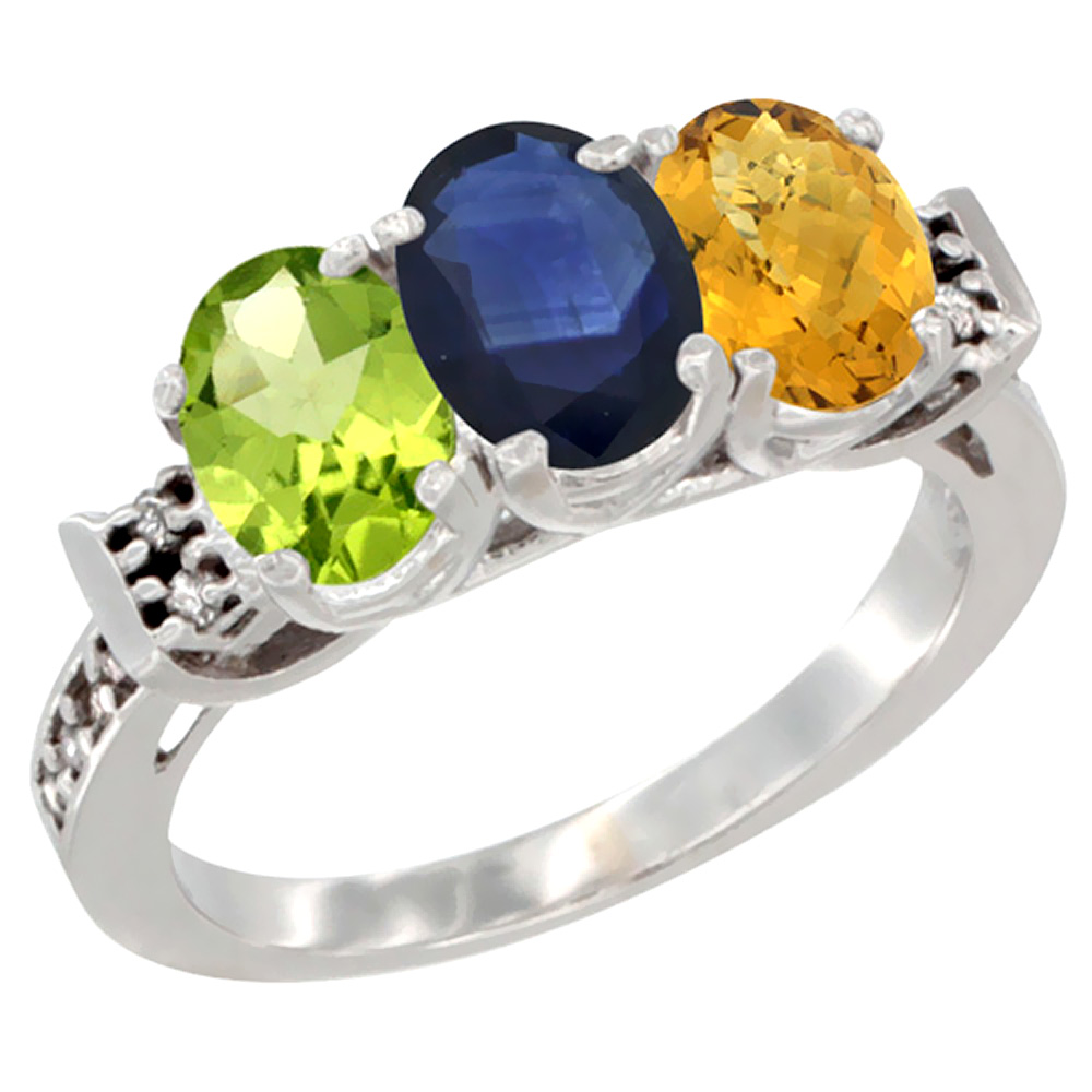10K White Gold Natural Peridot, Blue Sapphire & Whisky Quartz Ring 3-Stone Oval 7x5 mm Diamond Accent, sizes 5 - 10
