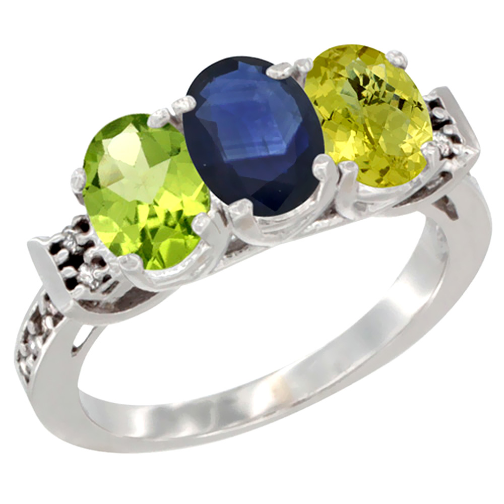 10K White Gold Natural Peridot, Blue Sapphire & Lemon Quartz Ring 3-Stone Oval 7x5 mm Diamond Accent, sizes 5 - 10