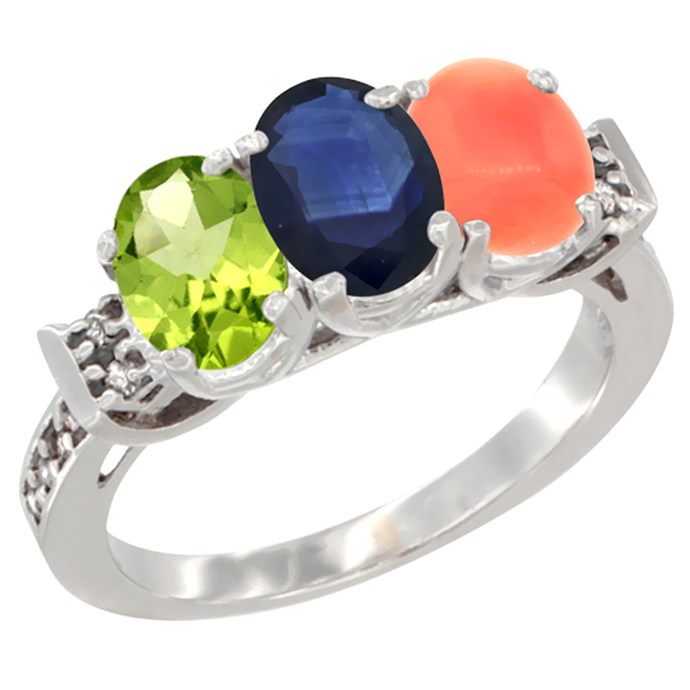 14K White Gold Natural Peridot, Blue Sapphire & Coral Ring 3-Stone Oval 7x5 mm Diamond Accent, sizes 5 - 10