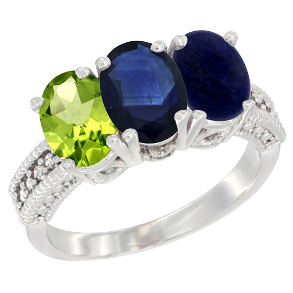 14K White Gold Natural Peridot, Blue Sapphire & Lapis Ring 3-Stone Oval 7x5 mm Diamond Accent, sizes 5 - 10