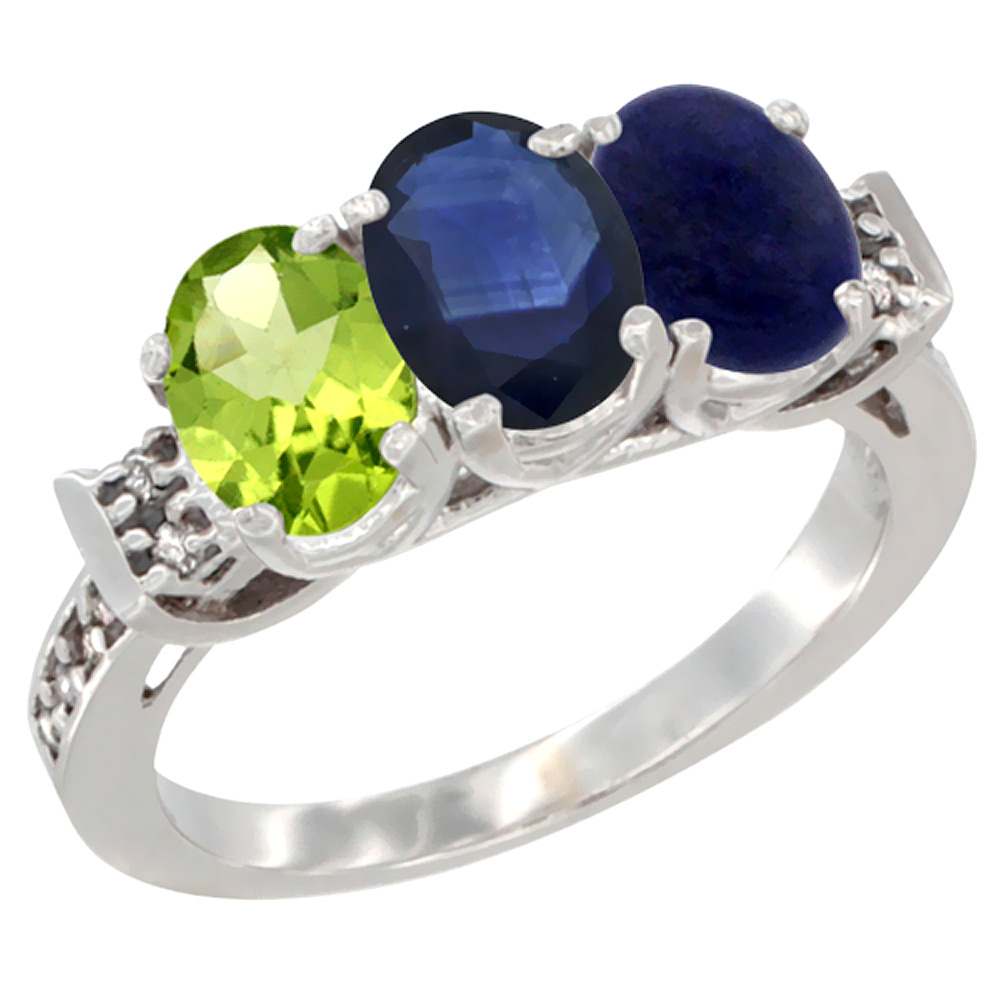 10K White Gold Natural Peridot, Blue Sapphire & Lapis Ring 3-Stone Oval 7x5 mm Diamond Accent, sizes 5 - 10