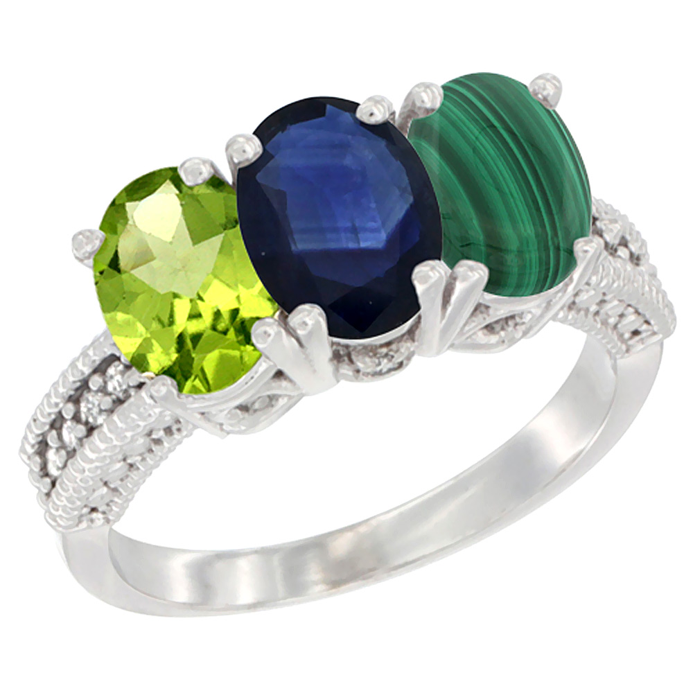 10K White Gold Natural Peridot, Blue Sapphire & Malachite Ring 3-Stone Oval 7x5 mm Diamond Accent, sizes 5 - 10