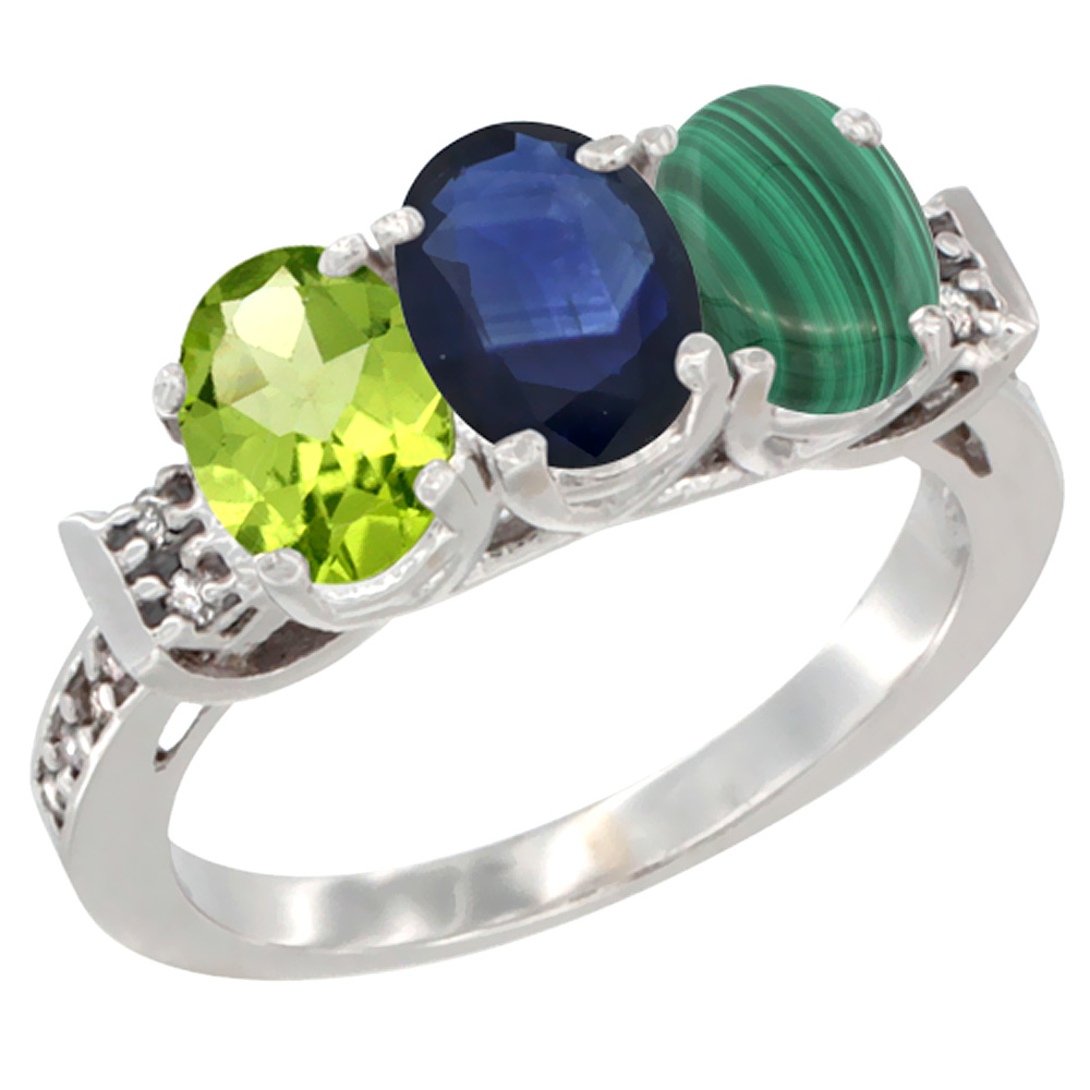 14K White Gold Natural Peridot, Blue Sapphire & Malachite Ring 3-Stone Oval 7x5 mm Diamond Accent, sizes 5 - 10