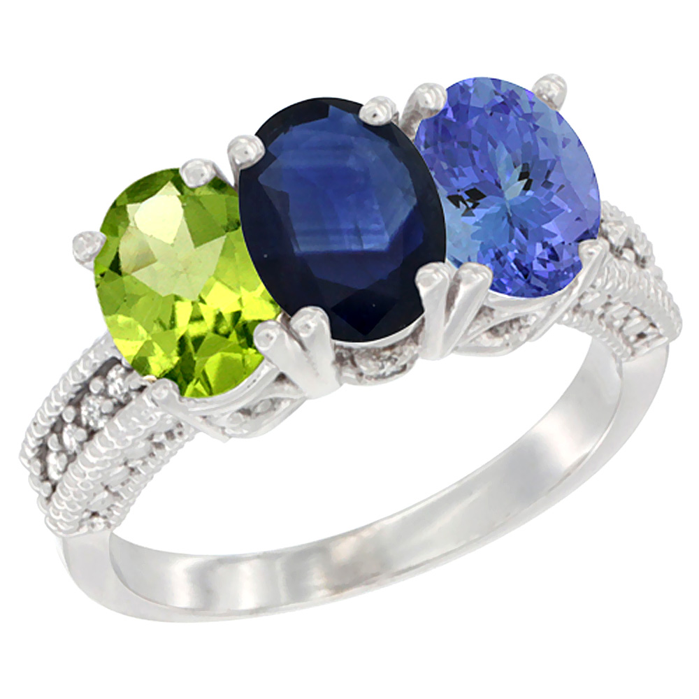 10K White Gold Natural Peridot, Blue Sapphire & Tanzanite Ring 3-Stone Oval 7x5 mm Diamond Accent, sizes 5 - 10