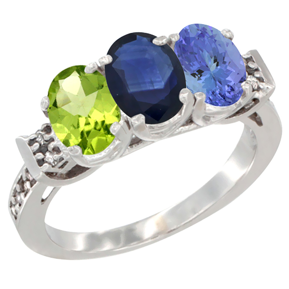 10K White Gold Natural Peridot, Blue Sapphire & Tanzanite Ring 3-Stone Oval 7x5 mm Diamond Accent, sizes 5 - 10