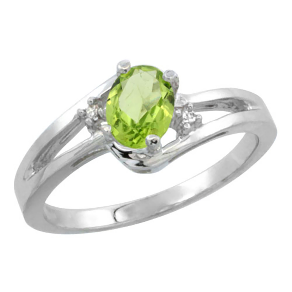 14K White Gold Diamond Natural Peridot Ring Oval 6x4 mm, sizes 5-10