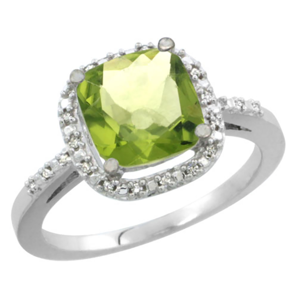 14K White Gold Natural Peridot Ring Cushion-cut 8x8mm Diamond Accent, sizes 5-10