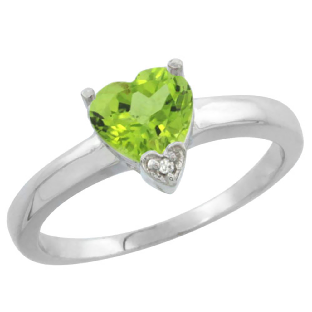 14K White Gold Natural Peridot Heart 7x7mm Diamond Accent, sizes 5-10