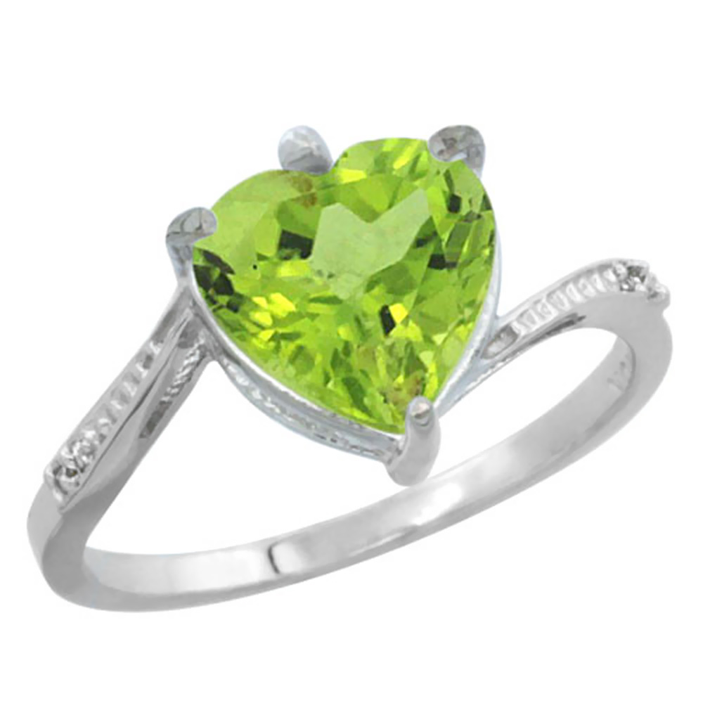 10K White Gold Natural Peridot Ring Heart 9x9mm Diamond Accent, sizes 5-10