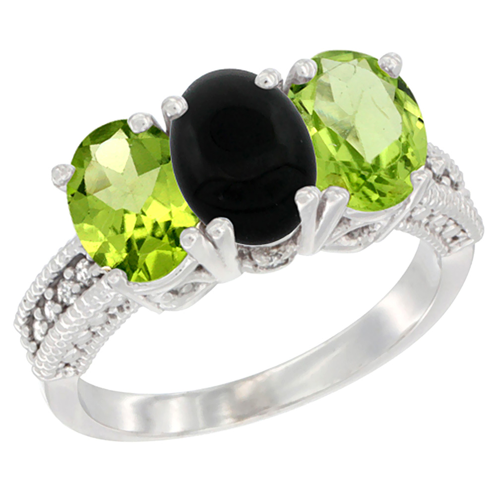 14K White Gold Natural Black Onyx & Peridot Sides Ring 3-Stone Oval 7x5 mm Diamond Accent, sizes 5 - 10