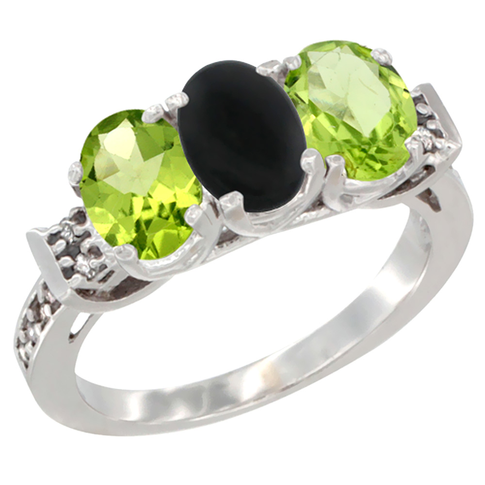 10K White Gold Natural Black Onyx & Peridot Sides Ring 3-Stone Oval 7x5 mm Diamond Accent, sizes 5 - 10