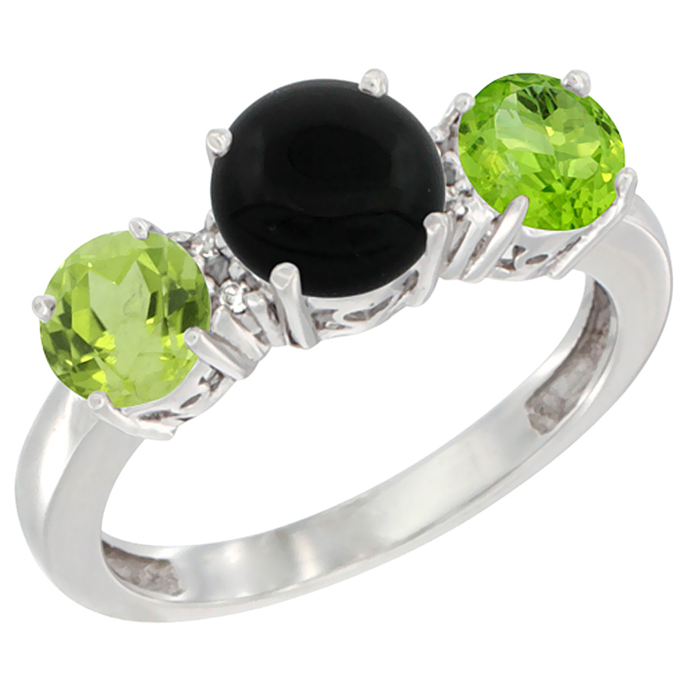 14K White Gold Round 3-Stone Natural Black Onyx Ring & Peridot Sides Diamond Accent, sizes 5 - 10