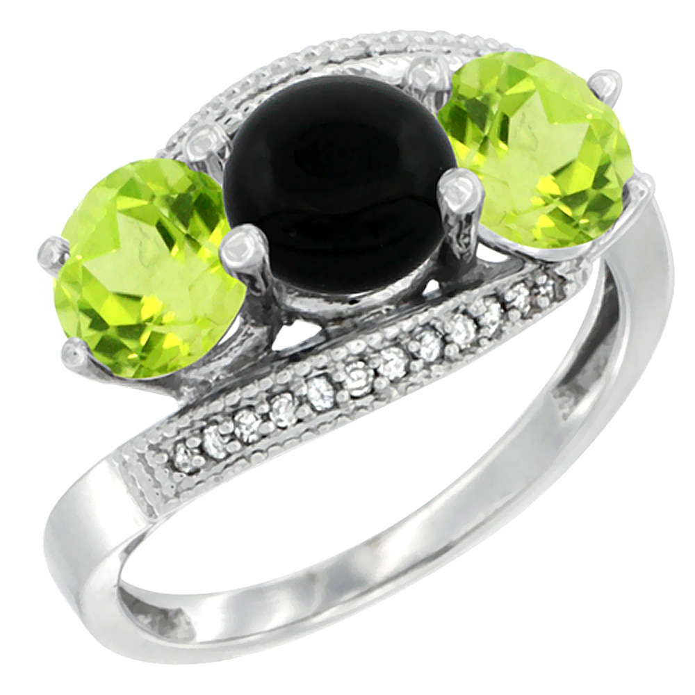 10K White Gold Natural Black Onyx & Peridot Sides 3 stone Ring Round 6mm Diamond Accent, sizes 5 - 10