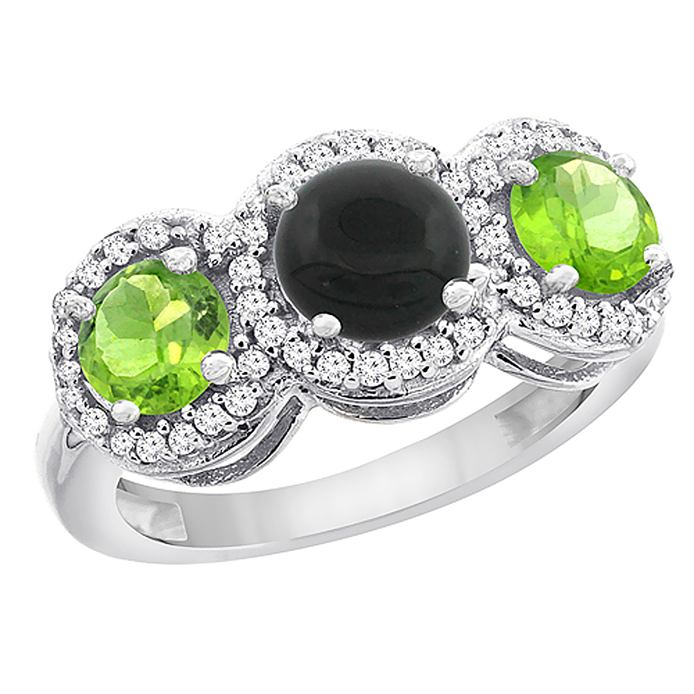 10K White Gold Natural Black Onyx & Peridot Sides Round 3-stone Ring Diamond Accents, sizes 5 - 10