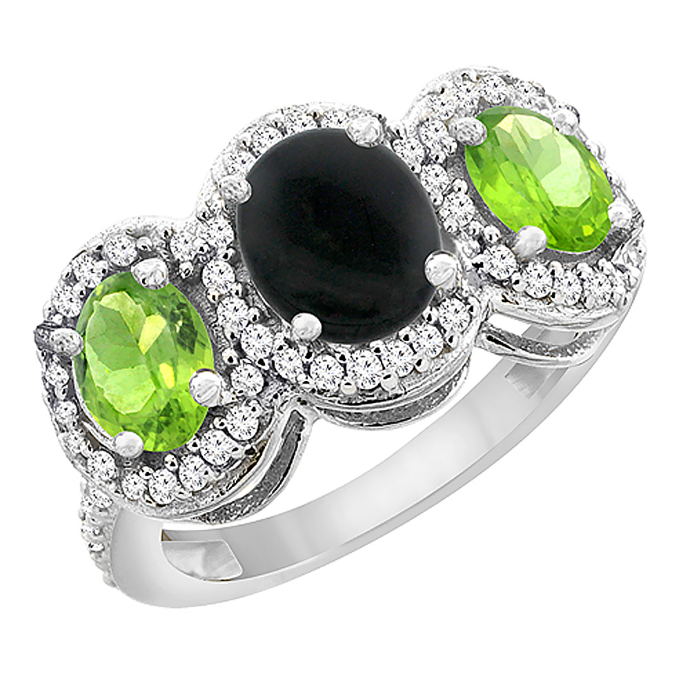 10K White Gold Natural Black Onyx & Peridot 3-Stone Ring Oval Diamond Accent, sizes 5 - 10