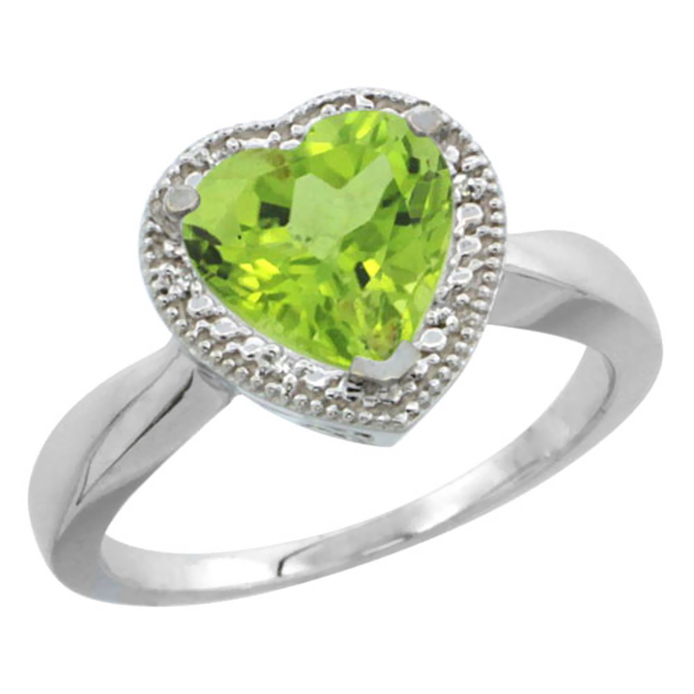 14K White Gold Natural Peridot Ring Heart 8x8mm Diamond Accent, sizes 5-10