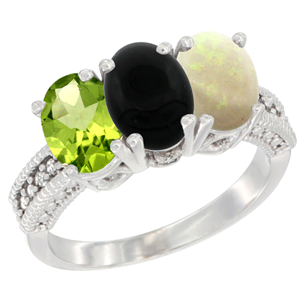 10K White Gold Natural Peridot, Black Onyx & Opal Ring 3-Stone Oval 7x5 mm Diamond Accent, sizes 5 - 10