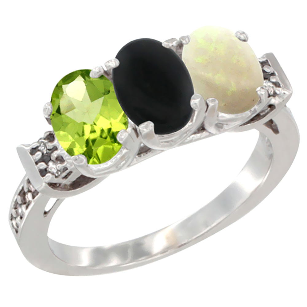 10K White Gold Natural Peridot, Black Onyx & Opal Ring 3-Stone Oval 7x5 mm Diamond Accent, sizes 5 - 10