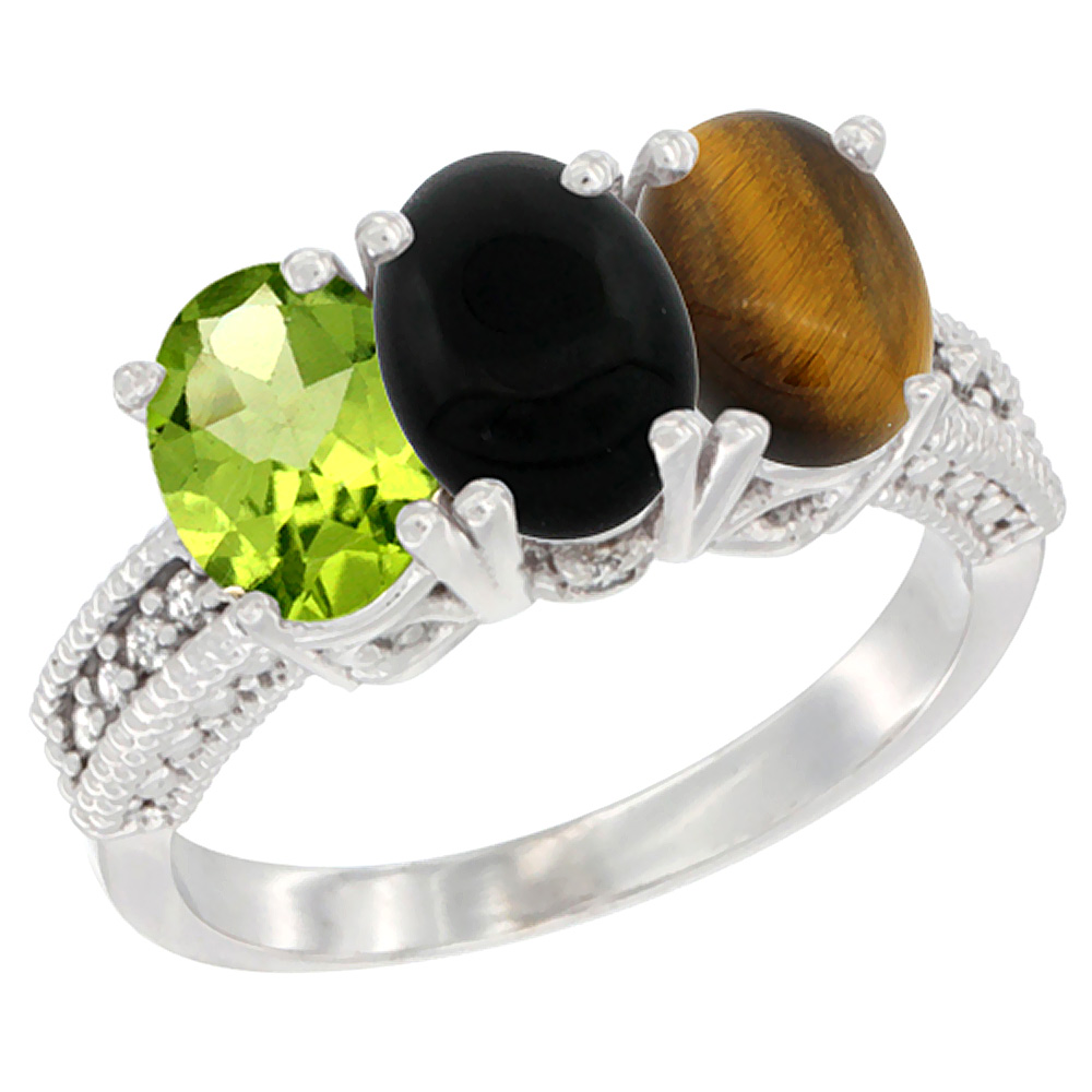 14K White Gold Natural Peridot, Black Onyx &amp; Tiger Eye Ring 3-Stone Oval 7x5 mm Diamond Accent, sizes 5 - 10