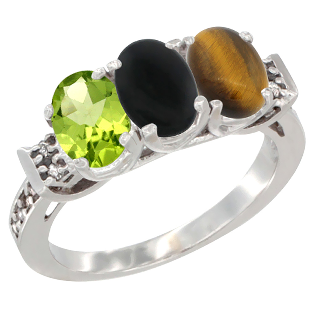 10K White Gold Natural Peridot, Black Onyx & Tiger Eye Ring 3-Stone Oval 7x5 mm Diamond Accent, sizes 5 - 10