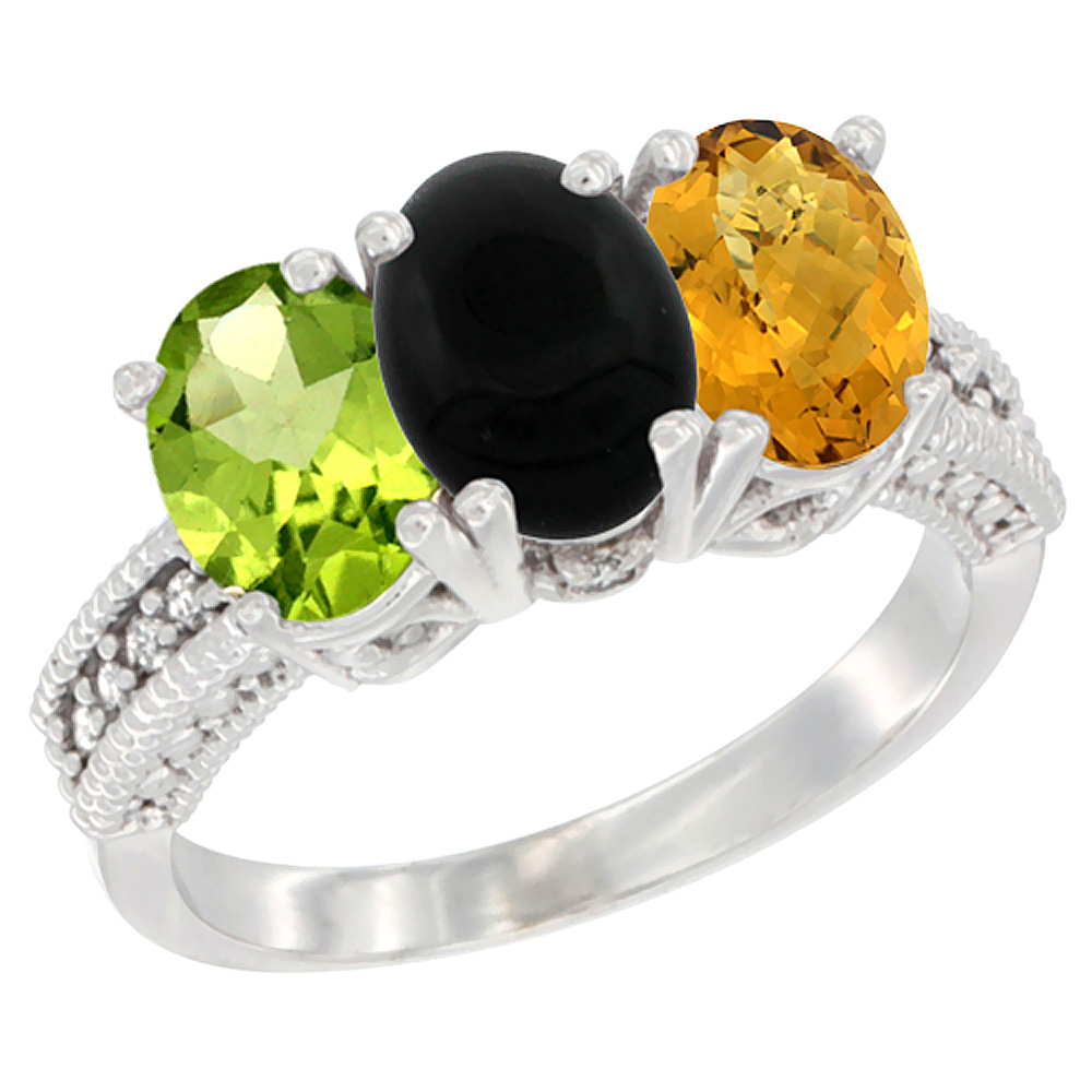 14K White Gold Natural Peridot, Black Onyx &amp; Whisky Quartz Ring 3-Stone Oval 7x5 mm Diamond Accent, sizes 5 - 10