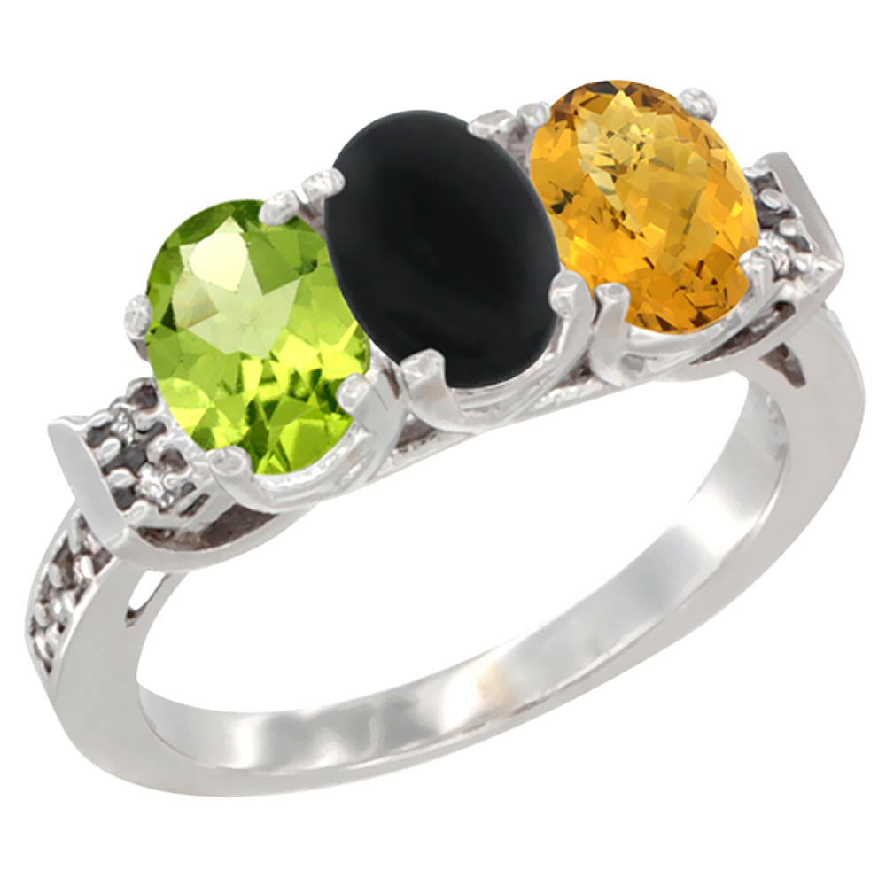 14K White Gold Natural Peridot, Black Onyx &amp; Whisky Quartz Ring 3-Stone Oval 7x5 mm Diamond Accent, sizes 5 - 10