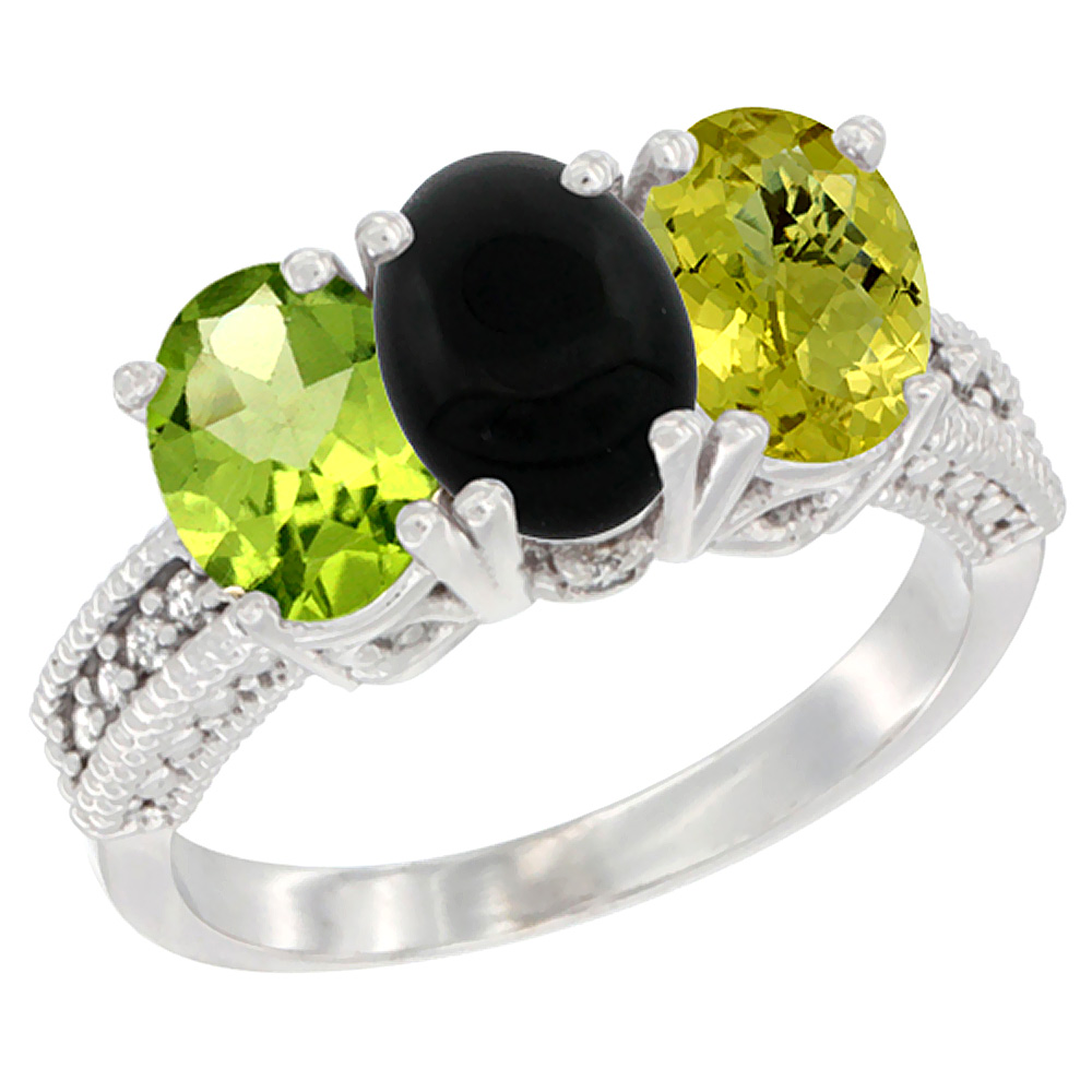 10K White Gold Natural Peridot, Black Onyx &amp; Lemon Quartz Ring 3-Stone Oval 7x5 mm Diamond Accent, sizes 5 - 10