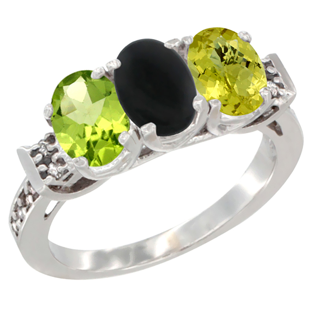 14K White Gold Natural Peridot, Black Onyx &amp; Lemon Quartz Ring 3-Stone Oval 7x5 mm Diamond Accent, sizes 5 - 10