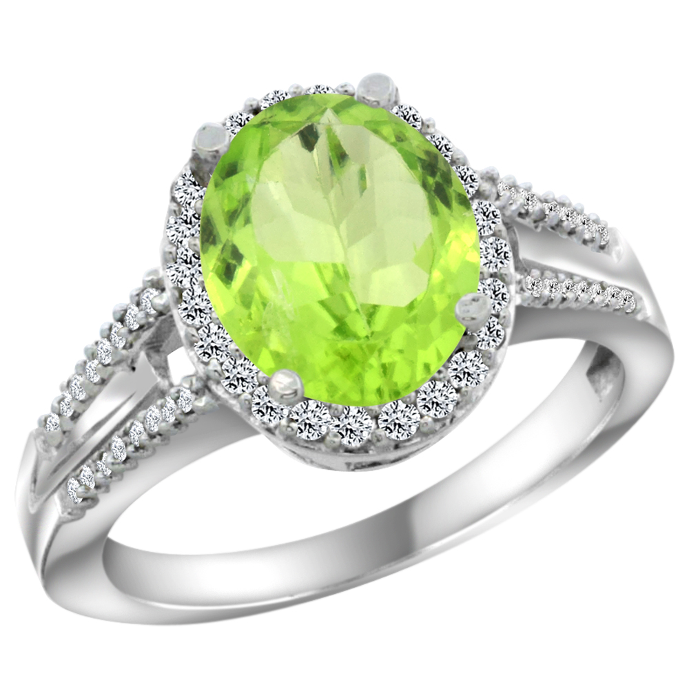 10K White Gold Diamond Natural Peridot Engagement Ring Oval 10x8mm, sizes 5-10