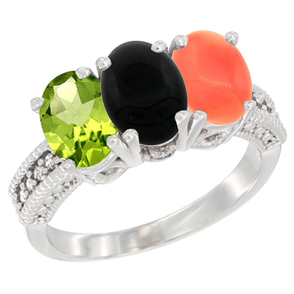 10K White Gold Natural Peridot, Black Onyx & Coral Ring 3-Stone Oval 7x5 mm Diamond Accent, sizes 5 - 10