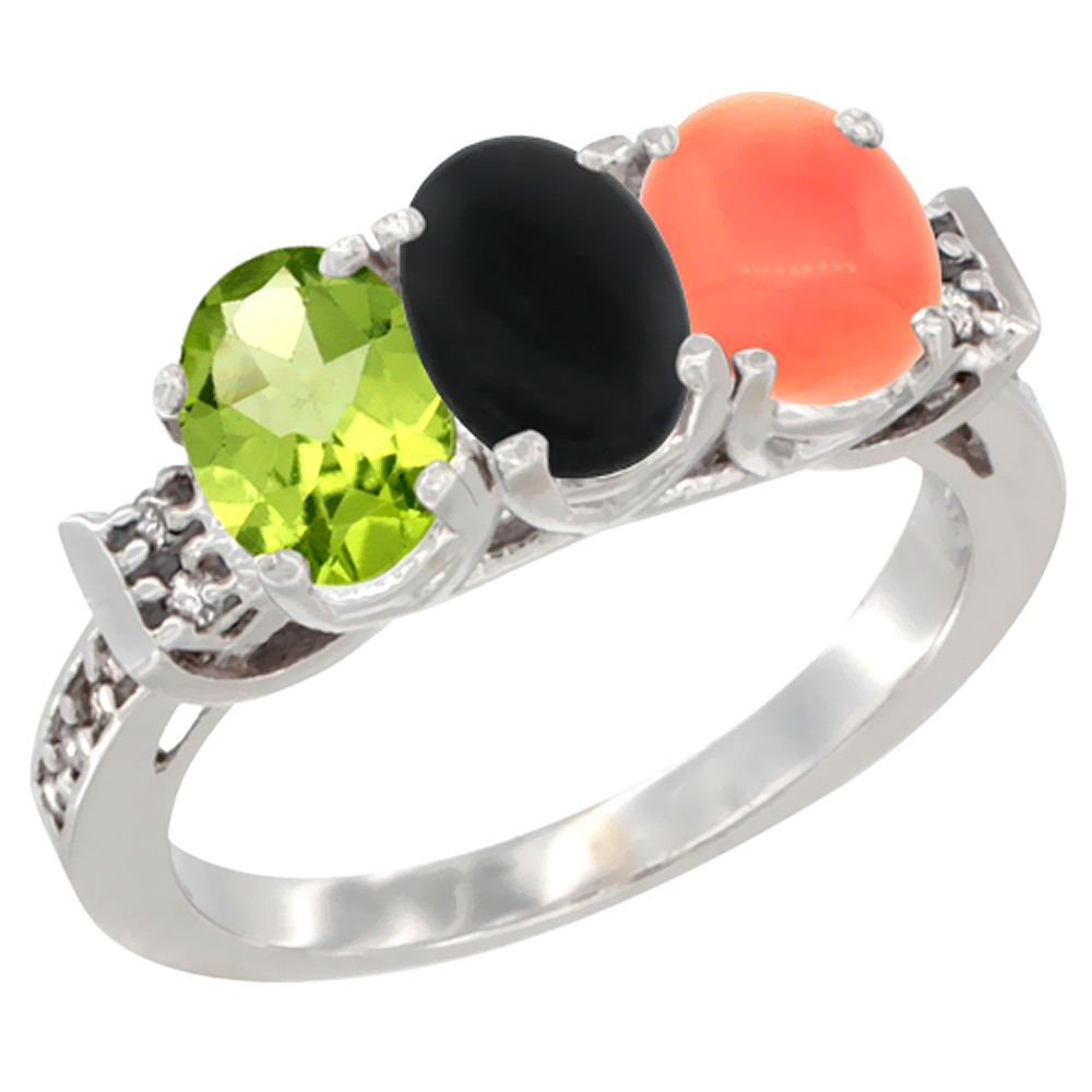 14K White Gold Natural Peridot, Black Onyx & Coral Ring 3-Stone Oval 7x5 mm Diamond Accent, sizes 5 - 10