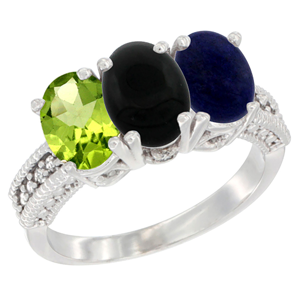 10K White Gold Natural Peridot, Black Onyx & Lapis Ring 3-Stone Oval 7x5 mm Diamond Accent, sizes 5 - 10