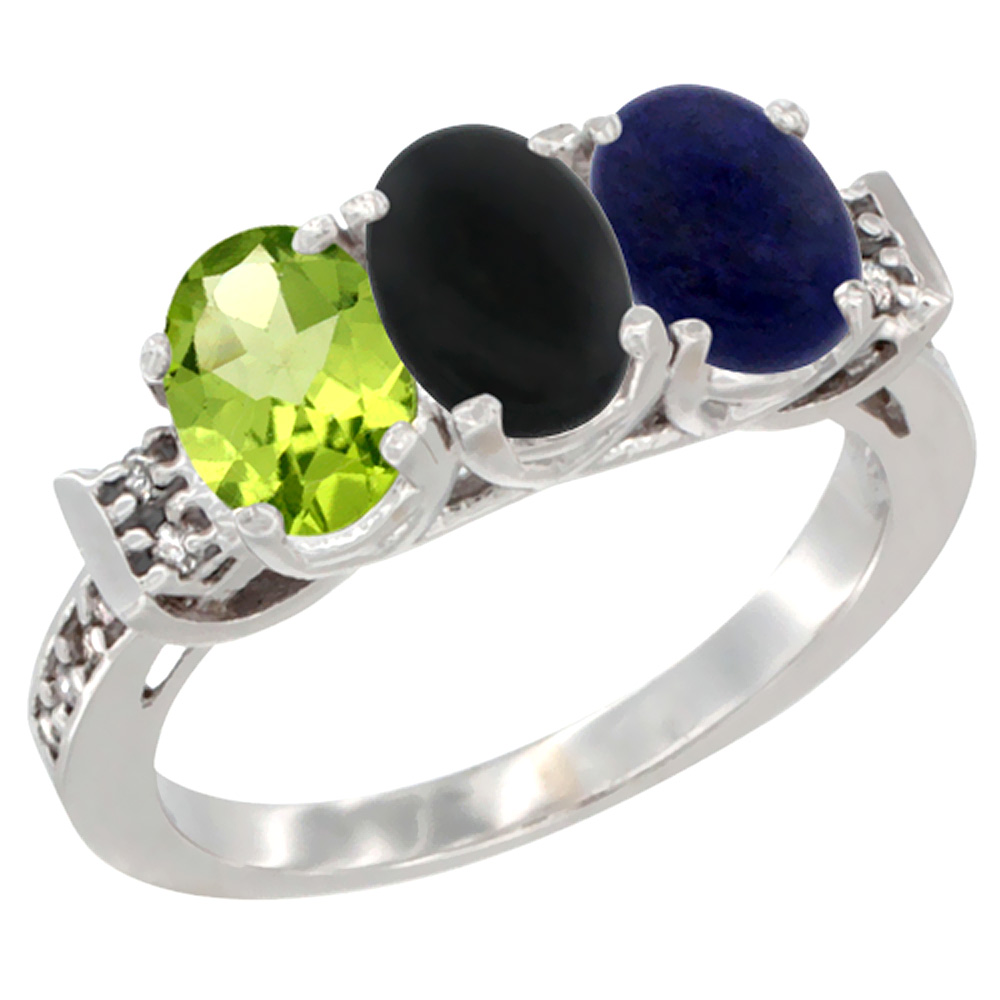 14K White Gold Natural Peridot, Black Onyx &amp; Lapis Ring 3-Stone Oval 7x5 mm Diamond Accent, sizes 5 - 10