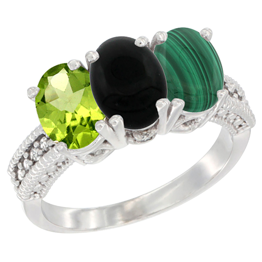 14K White Gold Natural Peridot, Black Onyx & Malachite Ring 3-Stone Oval 7x5 mm Diamond Accent, sizes 5 - 10