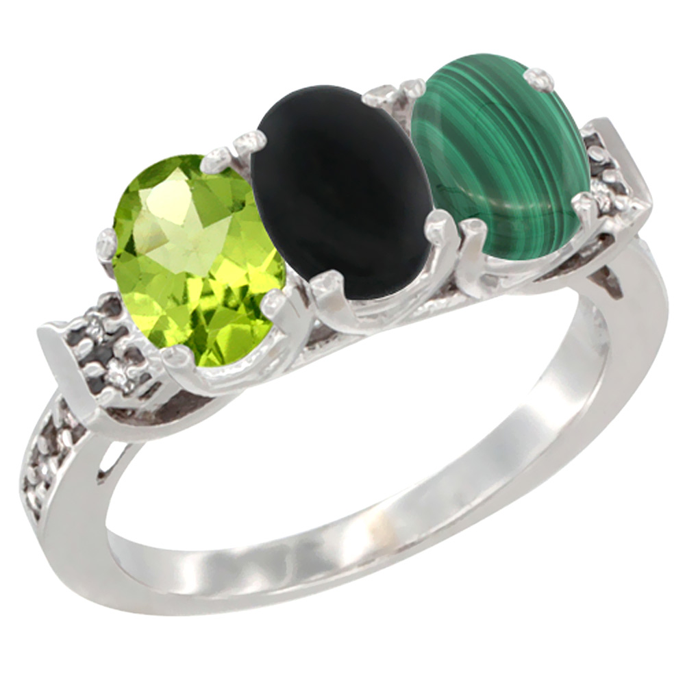 14K White Gold Natural Peridot, Black Onyx & Malachite Ring 3-Stone Oval 7x5 mm Diamond Accent, sizes 5 - 10