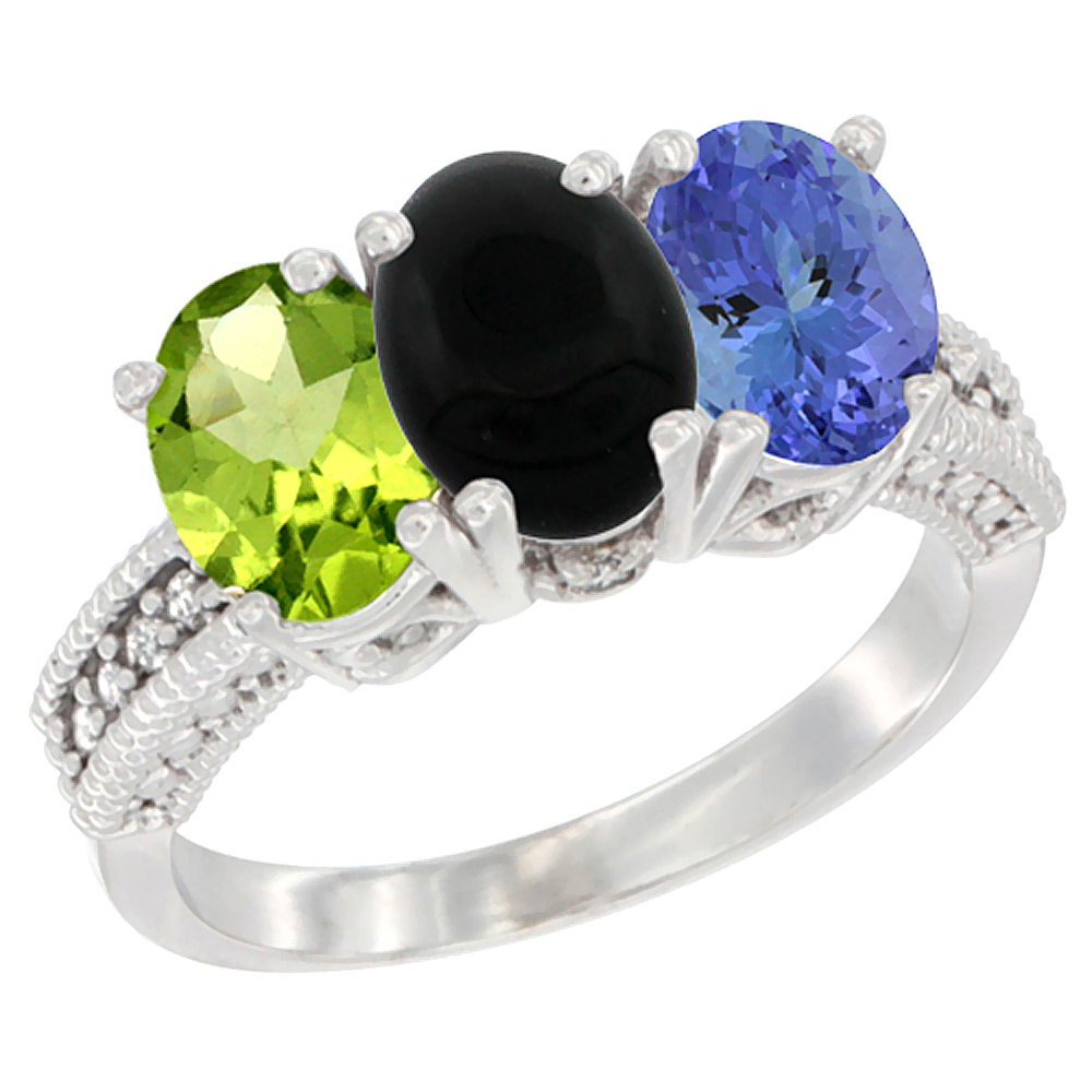 14K White Gold Natural Peridot, Black Onyx & Tanzanite Ring 3-Stone Oval 7x5 mm Diamond Accent, sizes 5 - 10