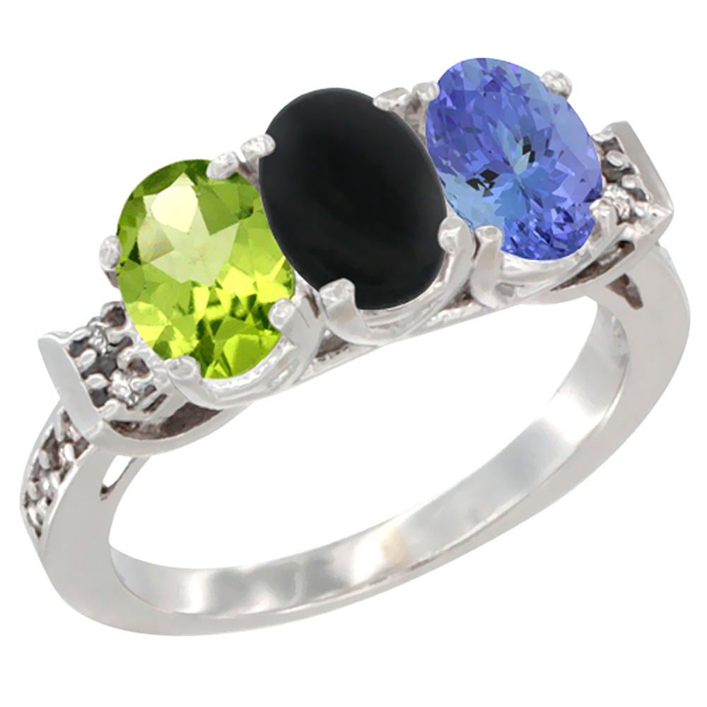 14K White Gold Natural Peridot, Black Onyx &amp; Tanzanite Ring 3-Stone Oval 7x5 mm Diamond Accent, sizes 5 - 10