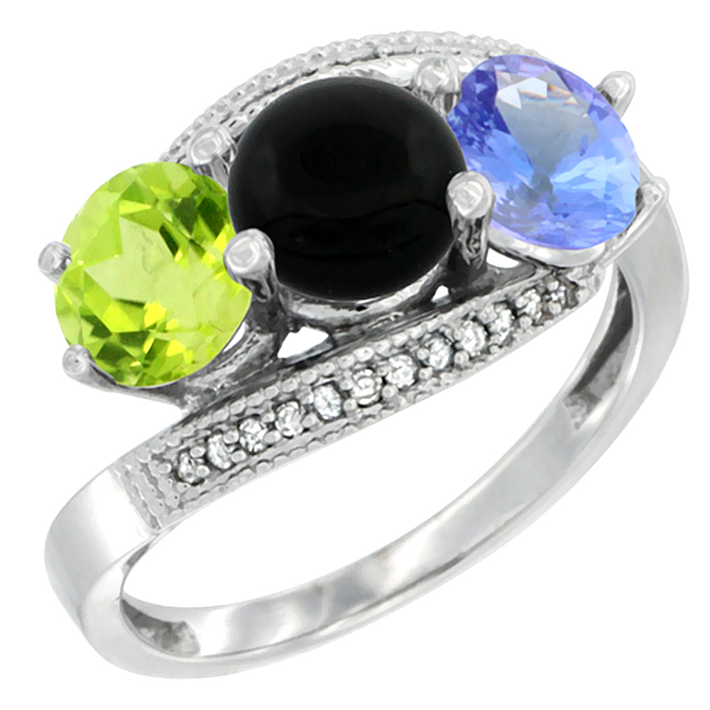 14K White Gold Natural Peridot, Black Onyx &amp; Tanzanite 3 stone Ring Round 6mm Diamond Accent, sizes 5 - 10