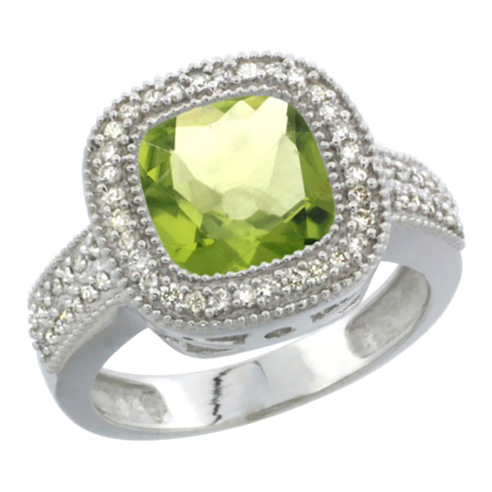 14K White Gold Natural Peridot Ring Diamond Accent, Cushion-cut 9x9mm Diamond Accent, sizes 5-10