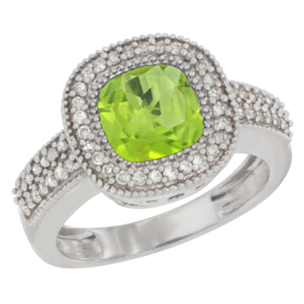 14K White Gold Natural Peridot Ring Cushion-cut 7x7mm Diamond Accent, sizes 5-10