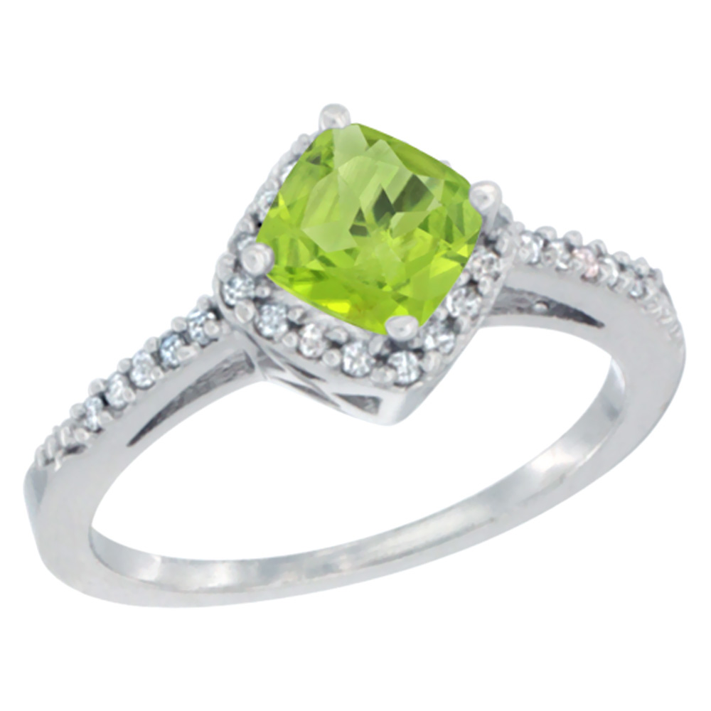 10K White Gold Natural Peridot Ring Cushion-cut 6mm Halo Diamond Accent, sizes 5 - 10