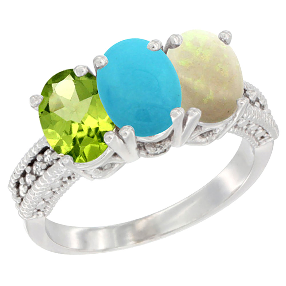 10K White Gold Natural Peridot, Turquoise &amp; Opal Ring 3-Stone Oval 7x5 mm Diamond Accent, sizes 5 - 10