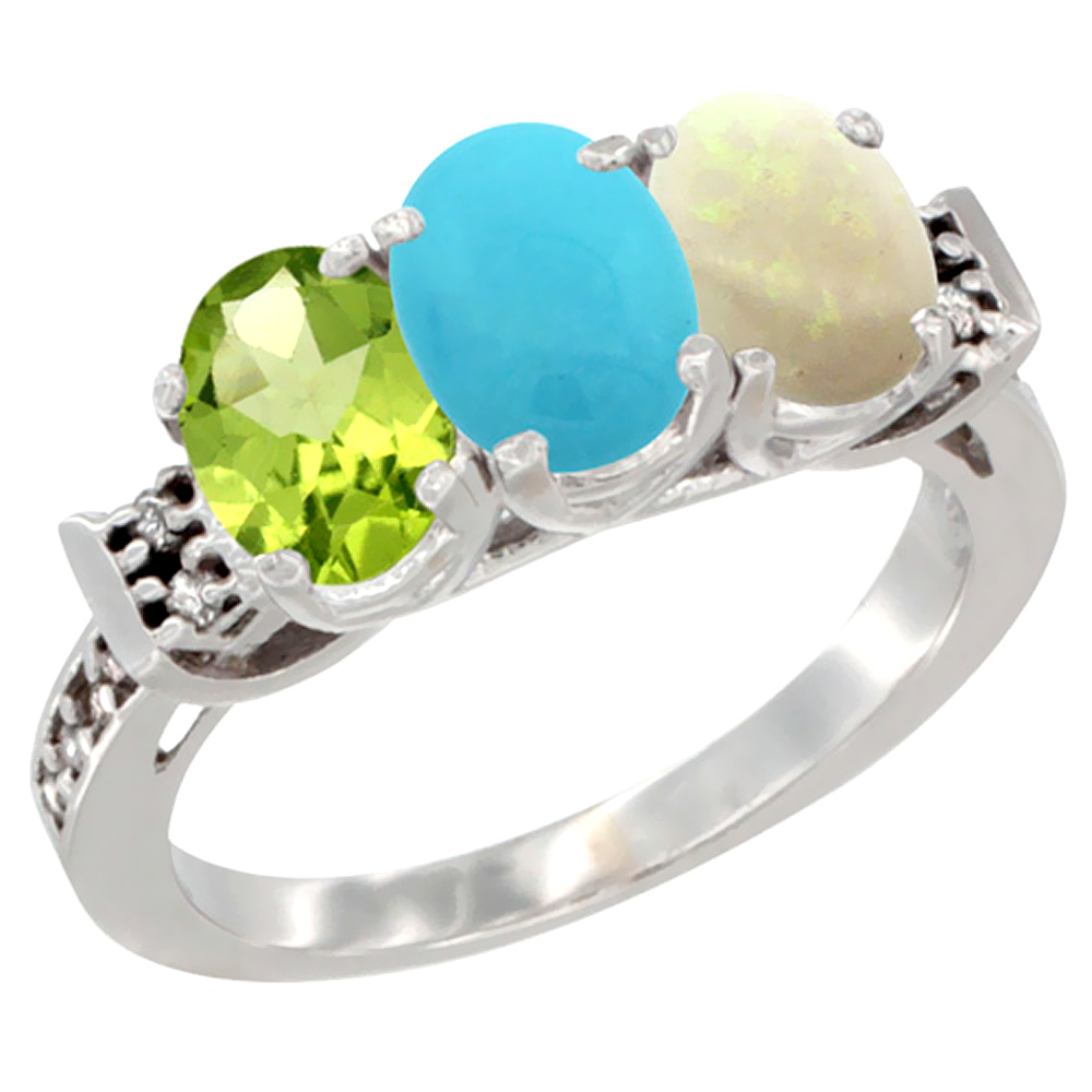 14K White Gold Natural Peridot, Turquoise & Opal Ring 3-Stone Oval 7x5 mm Diamond Accent, sizes 5 - 10