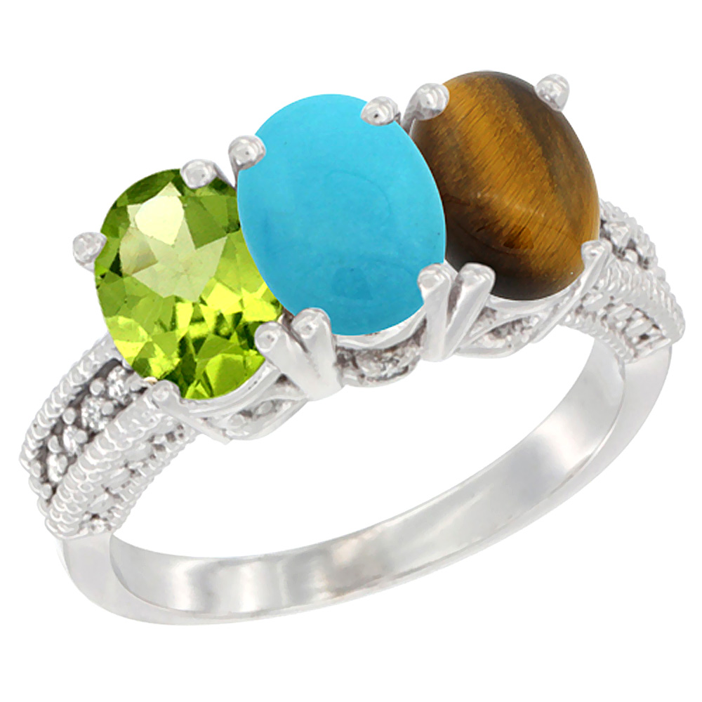 14K White Gold Natural Peridot, Turquoise & Tiger Eye Ring 3-Stone Oval 7x5 mm Diamond Accent, sizes 5 - 10