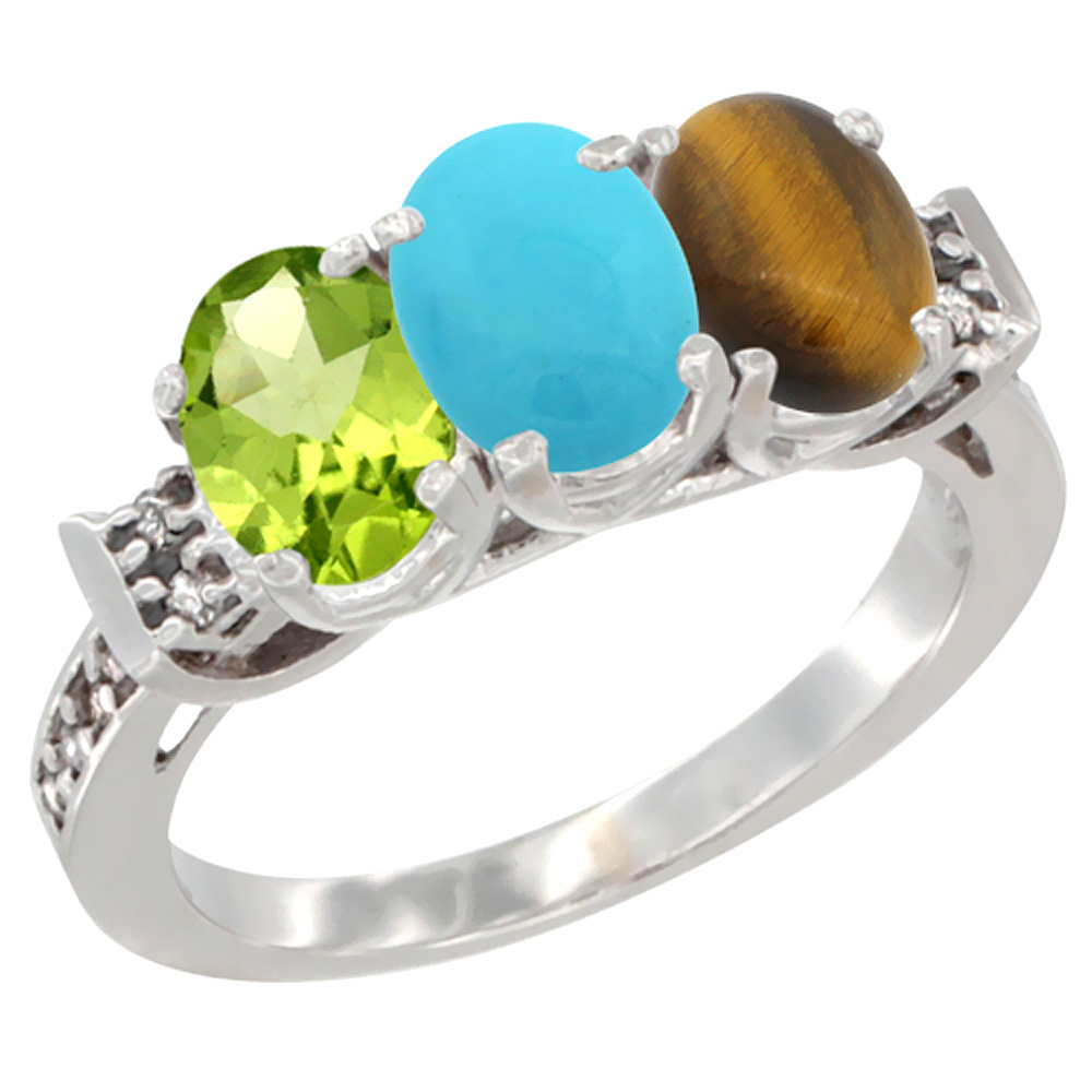 10K White Gold Natural Peridot, Turquoise &amp; Tiger Eye Ring 3-Stone Oval 7x5 mm Diamond Accent, sizes 5 - 10