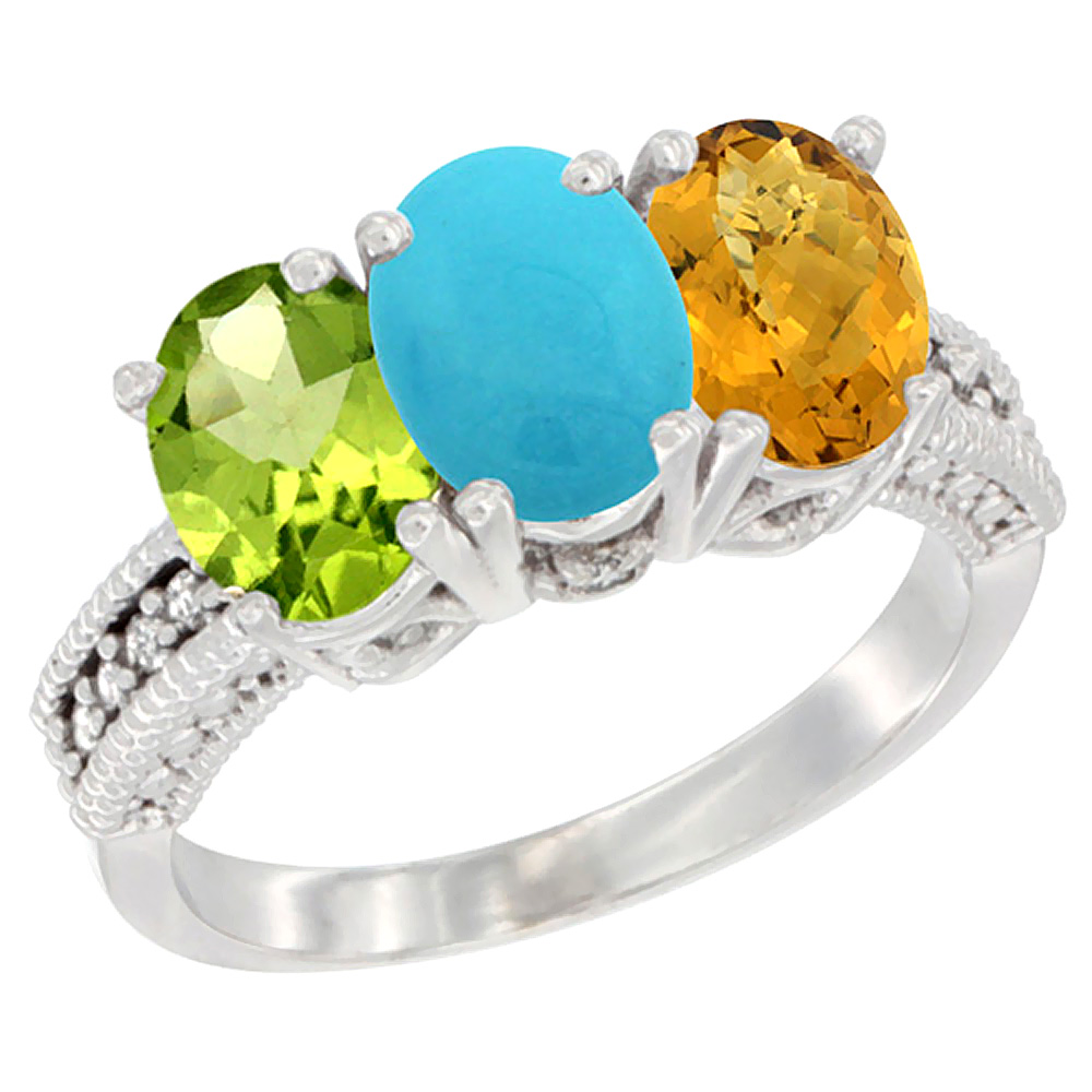 10K White Gold Natural Peridot, Turquoise & Whisky Quartz Ring 3-Stone Oval 7x5 mm Diamond Accent, sizes 5 - 10