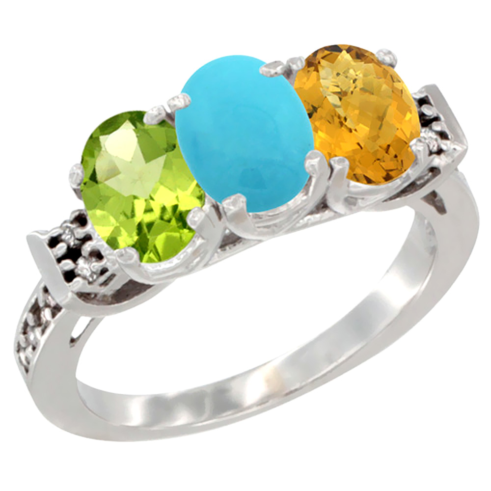 14K White Gold Natural Peridot, Turquoise & Whisky Quartz Ring 3-Stone Oval 7x5 mm Diamond Accent, sizes 5 - 10